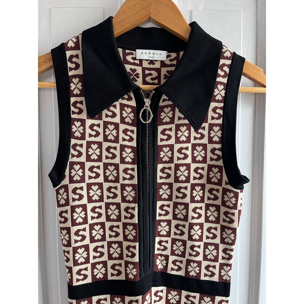 Sandro Paris Sleeveless Jacquard Polo Mini Dress - Monogram Logo, Sz XS - Picture 5 of 10